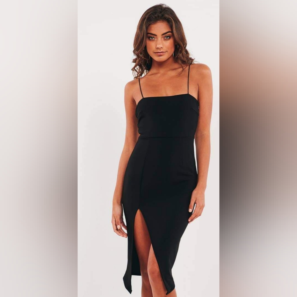 Peppermayo Black Slip Midi Dress with Square Neck